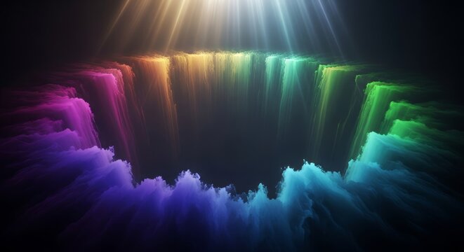 A vast and hollow abyss filled with thick swirling mist and faint rays of light, capturing the profound silence of eternal isolation, darkness, minimal, dim