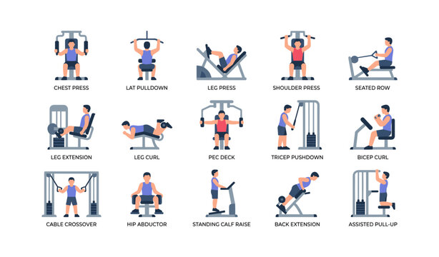 Gym exercise icons showing weight machines and workout poses on white