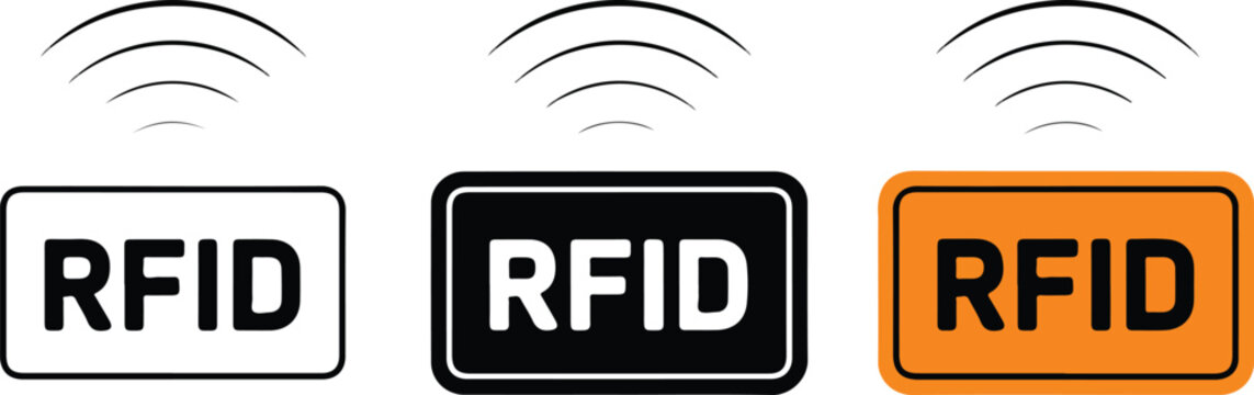 Set of RFID radio frequency identification icons with signal waves representing contactless technology wireless tracking and secure smart card data access systems.