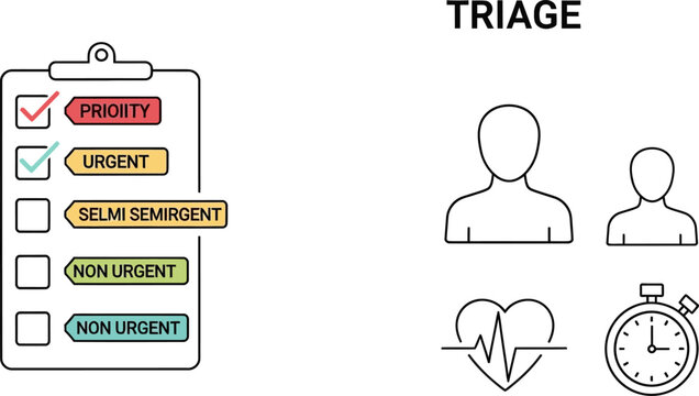 Medical triage process illustration with priority checklist and patient icons.