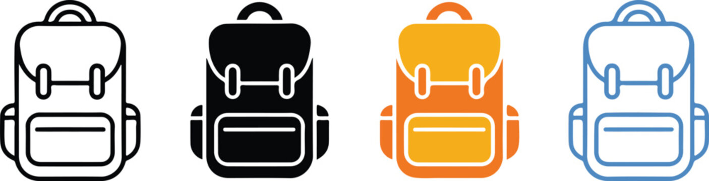 Set of backpack icons in various styles representing school education travel adventure and outdoor luggage for student and tourist commercial designs.