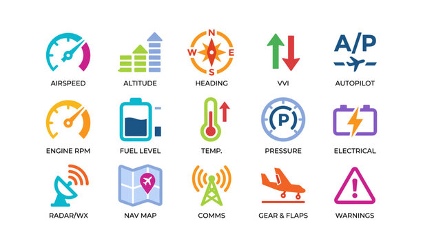 Aircraft instrument icons showing flight instruments and warnings