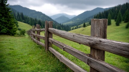Fototapeta premium Serene Wooden Fence Leading Through Lush Green Meadow with Majestic Mountains in Background Under Dramatic Cloudy Sky