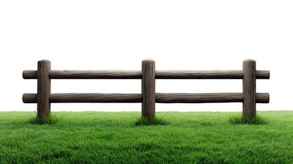 Obraz premium Wooden Fence on Green Grass Against Bright White Background, Ideal for Nature, Landscape, and Rural Theme Projects
