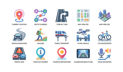 Fototapeta premium Navigation icons showing map and routing options on white background
