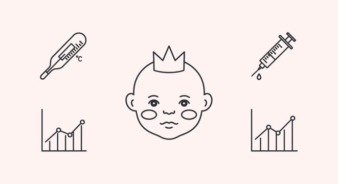 Minimalist outline illustration featuring a baby with a crown surrounded by medical and statistical icons.
