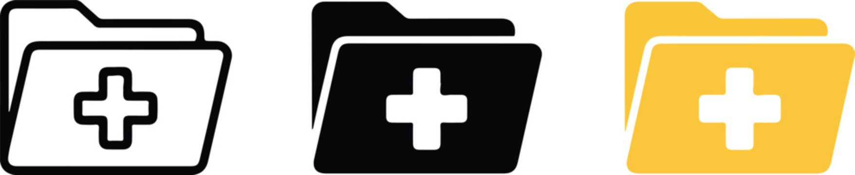 Set of medical folder icons with cross symbol representing digital health records patient data storage and clinical information management for healthcare systems.