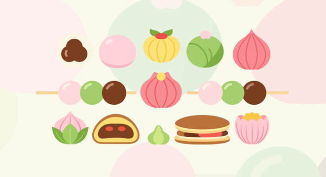 Japanese traditional dessert wagashi dango and mochi vector illustration collection in cute kawaii flat design style