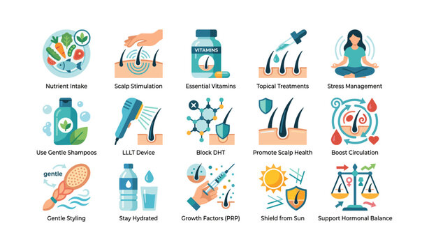 Hair care treatments and prevention icons in grid layout