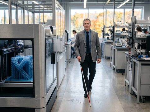 Blind Male Scientist Walking with a White Cane in a Modern 3D Printing Laboratory