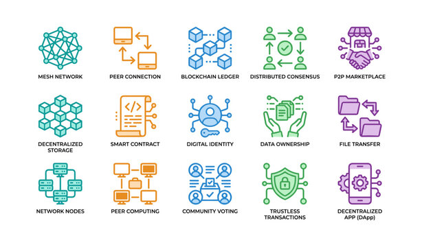 Decentralized network and blockchain concept icons on white