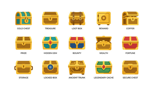Treasure chest icons showing different locked boxes and rewards