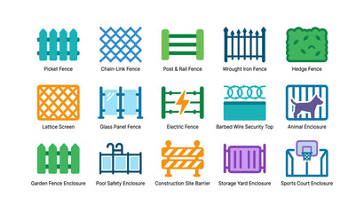 Fototapeta premium Fence and enclosure icons arranged in grid on white background