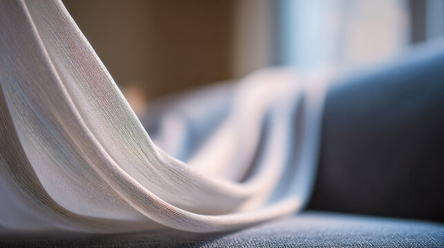 Soft white semi-transparent curtains delicately draped over a cozy dark fabric sofa in a warmly lit living room creating an inviting and serene atmosphere