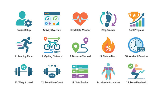 Fitness tracking and workout icons arranged in grid on white