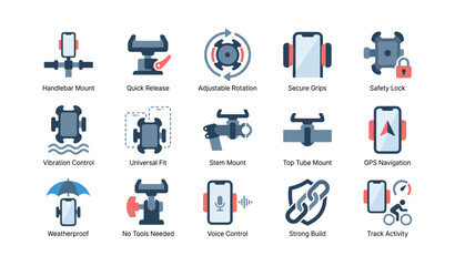 Fototapeta premium Bike phone mount icons showing mounting features and uses