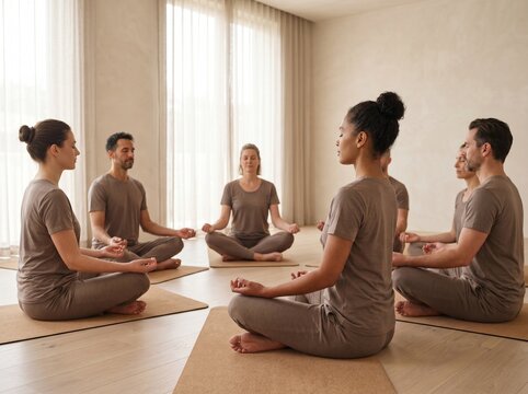 Diverse Group of People Practicing Mindfulness Meditation in a Circle During a Yoga Class in a Bright Minimalist Studio