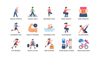 Fototapeta premium Fitness activity icons showing exercises and training in grid