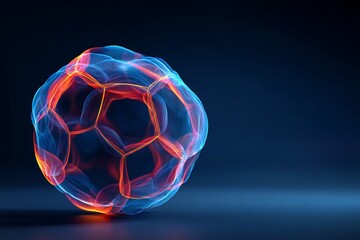 Naklejka premium Cinematic glowing football design with vibrant light waves and copy space,Abstract soccer ball glowing with blue and orange energy on dark background,Futuristic football concept featuring glowing neon
