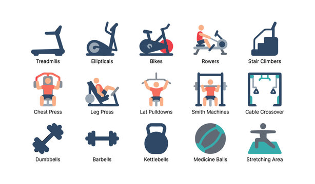 Gym equipment and machine icons displayed on white background