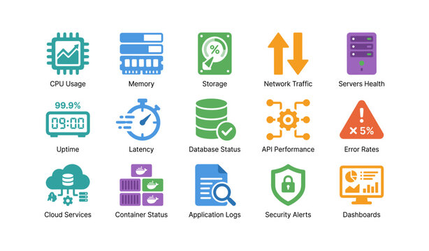 Server monitoring icons showing system metrics on white background