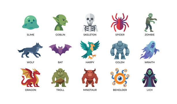 Fantasy monster icons showing mythical creatures on white background