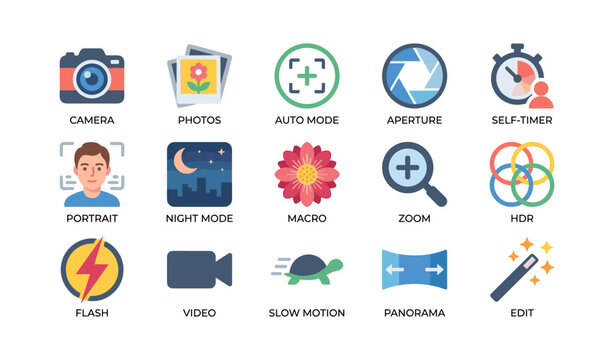 Photography icons showing shooting modes on white background