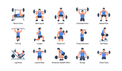 Fototapeta premium Exercise icons showing weightlifting and gym moves on white background