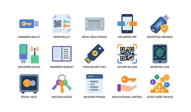 Cryptocurrency backup and security icons showing storage methods