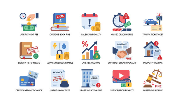 Set of penalty icons showing fines and fees on white background