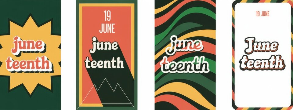 Vibrant juneteenth celebration banners with colorful abstract patterns and typography on white background