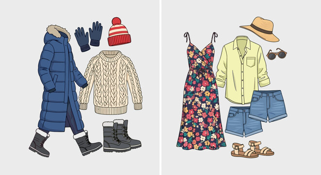 Seasonal Clothing Collection Summer and Winter Outfits Illustration.