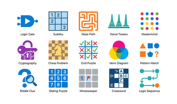 Puzzle icons representing logic and board games in grid
