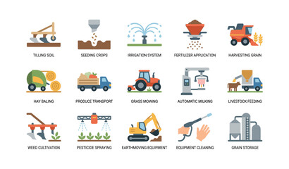Naklejka premium Agricultural icons showing farm tasks on white background