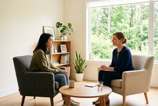 Professional Female Therapist Listening to a Young Woman During a Counseling Session in a Bright Modern Office