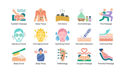 Fototapeta premium Spa service icons displaying treatments on white background