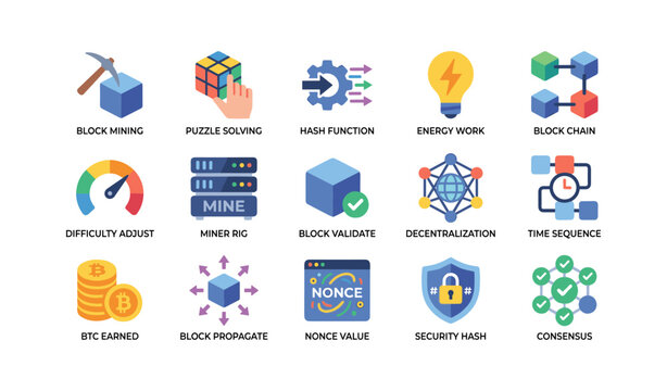 Blockchain mining icons arranged in a grid on white background