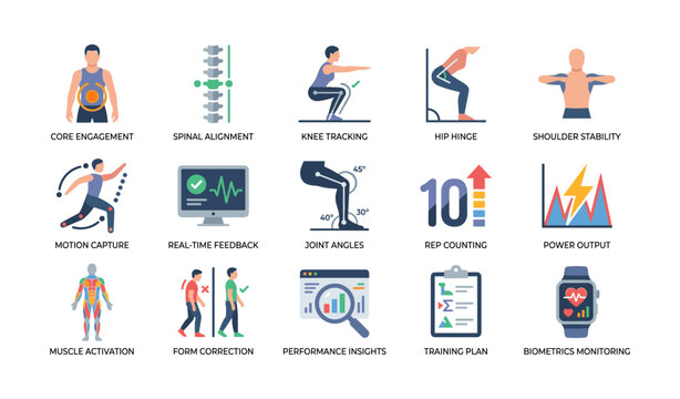 Exercise analytics icons showing form metrics on white background