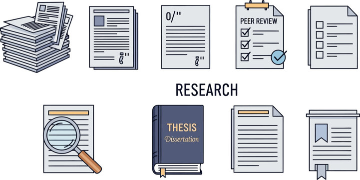 Set of academic research and study document icons.