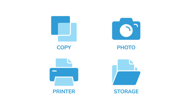 Vector graphic illustration of Blue icons for copy photo printer storage Vector