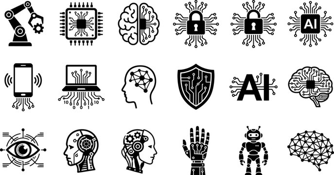 Set of Artificial Intelligence and Advanced Technology Vector Icons.
