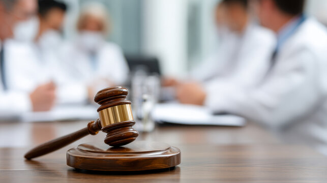 Wooden gavel resting on a polished desk symbolizing legal authority with blurred business professionals discussing documents in the background during a meeting sessi