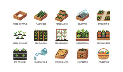 Naklejka premium Raised bed gardening icons showing beds and tools on white