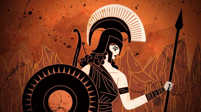 amazon warrior running with shield and spear across battlefield in ancient greek orange vase style