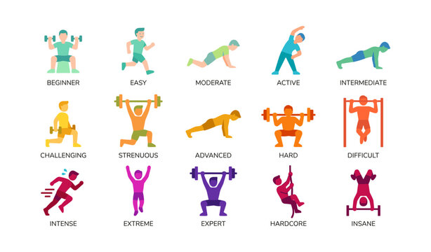Fitness difficulty level icons showing exercises on white background