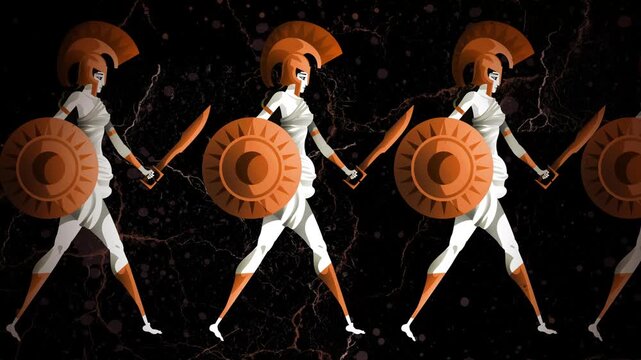 amazon warrior women marching in formation with sword and shield in ancient mythological battle scene