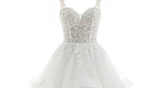 Elegant white dress with intricate lace bodice and flowing skirt on white