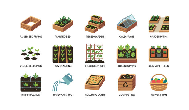 Raised bed gardening icons showing beds and tools on white