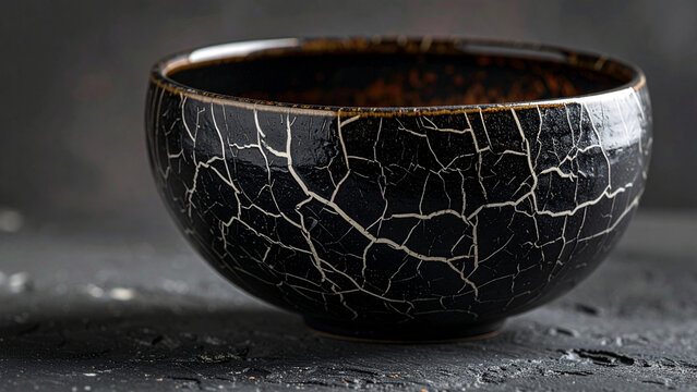 Raku crackle glaze, dark ceramic body with fine white fissures, artisan surface texture background