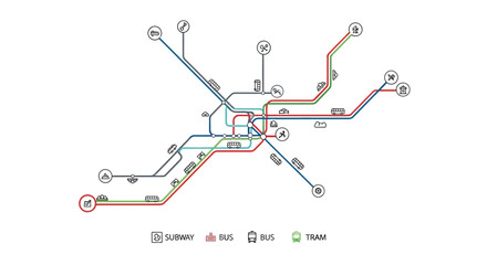 Minimalist public transport transit system map with subway bus and tram lines © Ayu